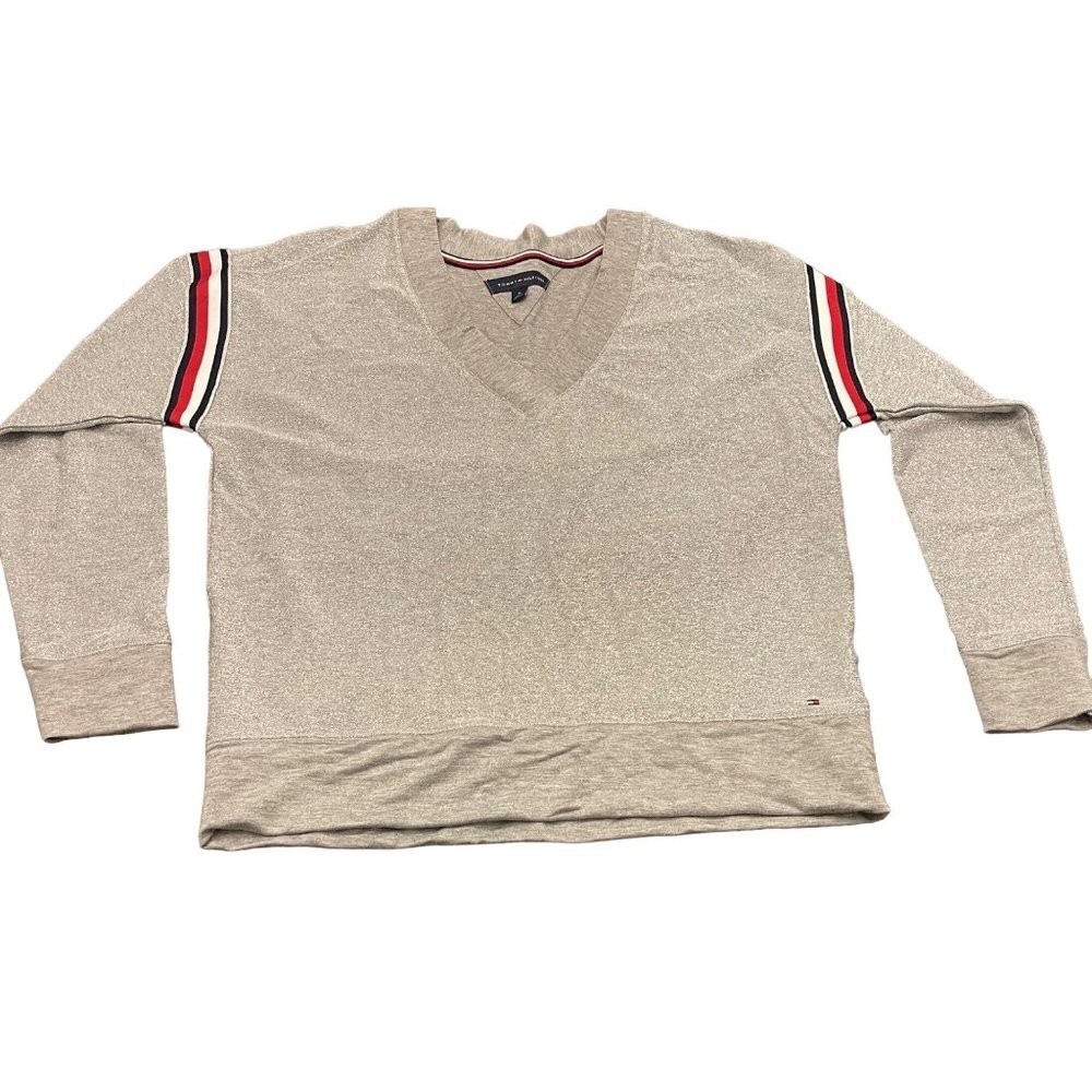 Tommy Hilfiger Women's Stripe V-Neck Sweater Size Medium Grey red white silver